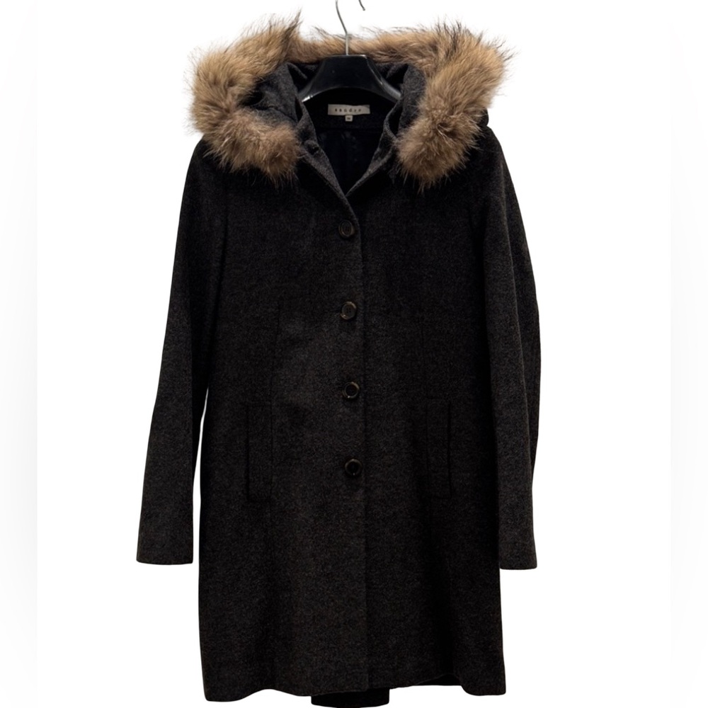 Sandro Charcoal Wool Coat with Faux Fur Trim